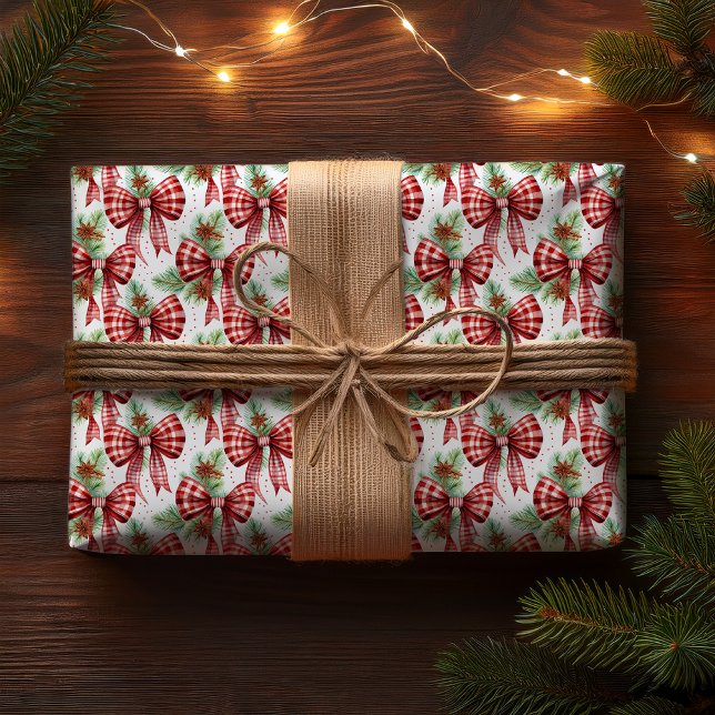 Papel De Presente Arcos de Cheque de Gingham Vermelho Natal (Christmas Holiday Red White Gingham Checks Bows with Pine Evergreens and Star Anise Wrapping Paper)