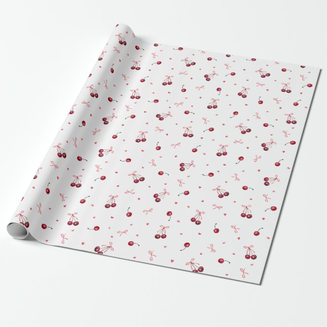 Papel De Presente Arcos de Corações de Cerejas Vermelhas (Desenrolado)