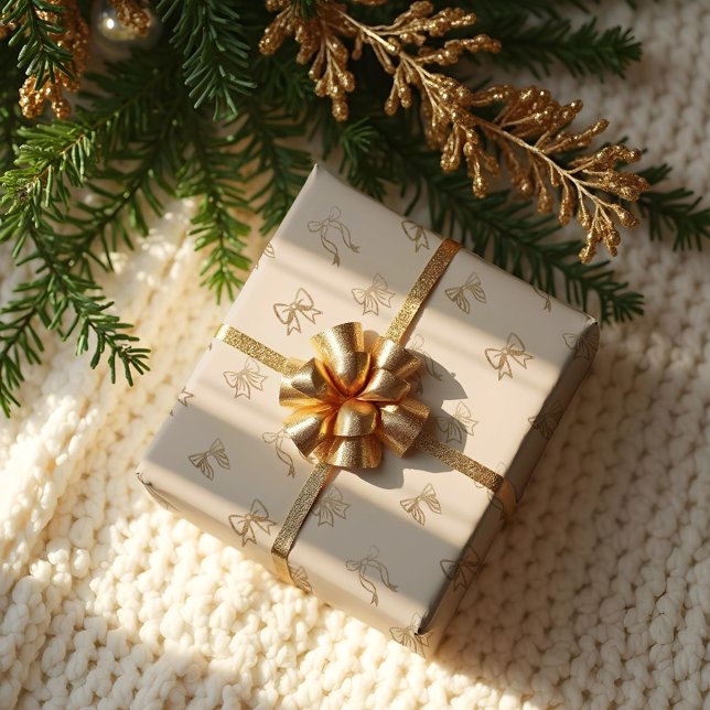 Papel De Presente Arcos de Natal Elegante Dourados com brilho (Gold Glitter Whimsical Elegant Christmas Bows Wrapping Paper)