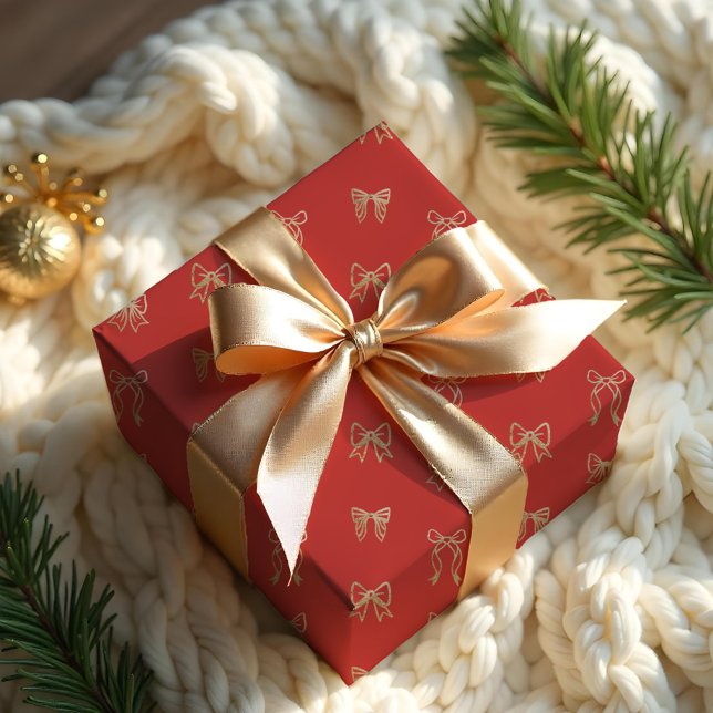 Papel De Presente Arcos de Natal Elegante Dourados com brilho (Gold Glitter Whimsical Elegant Christmas Bows Wrapping Paper)