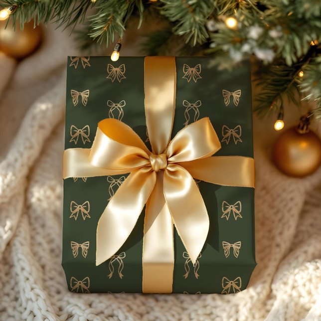 Papel De Presente Arcos de Natal Elegante Dourados com brilho (Gold Glitter Whimsical Elegant Christmas Bows Wrapping Paper)