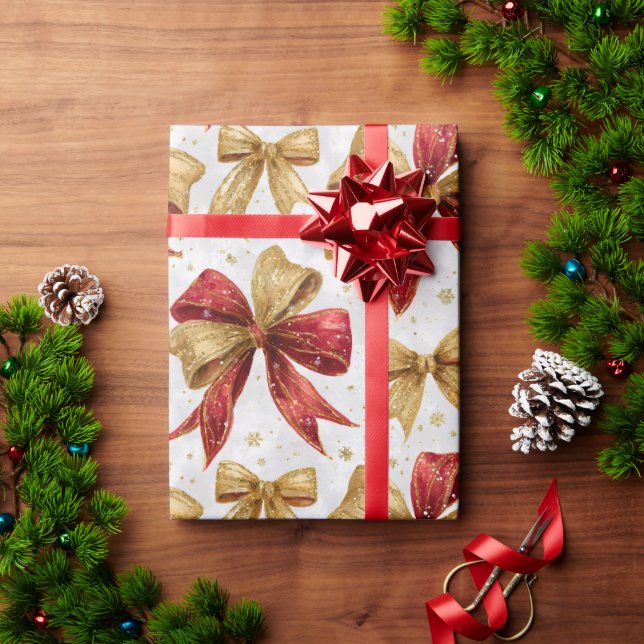 Papel De Presente Arcos de Natal em Dourado Vermelho (Presente de Natal)
