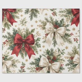 Papel De Presente Arcos de Natal Vintage Vermelhos e Brancos com Flo