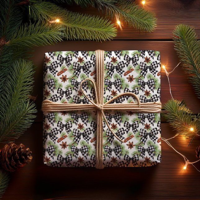 Papel De Presente Arcos de verificação de Gingham Preto e Feriado Na (Christmas Holiday Black White Gingham Checks Bows | Pine Evergreens and Star Anise Wrapping Paper)