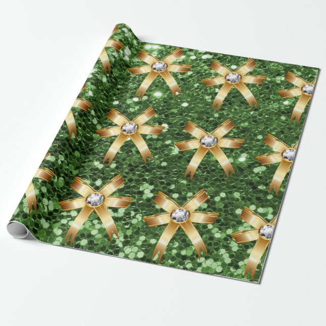Papel De Presente Arcos Diamantes Dourados com brilho verde (Desenrolado)