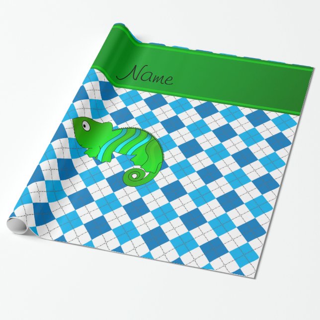 Papel De Presente Argyle conhecido personalizado do azul do camaleão (Desenrolado)