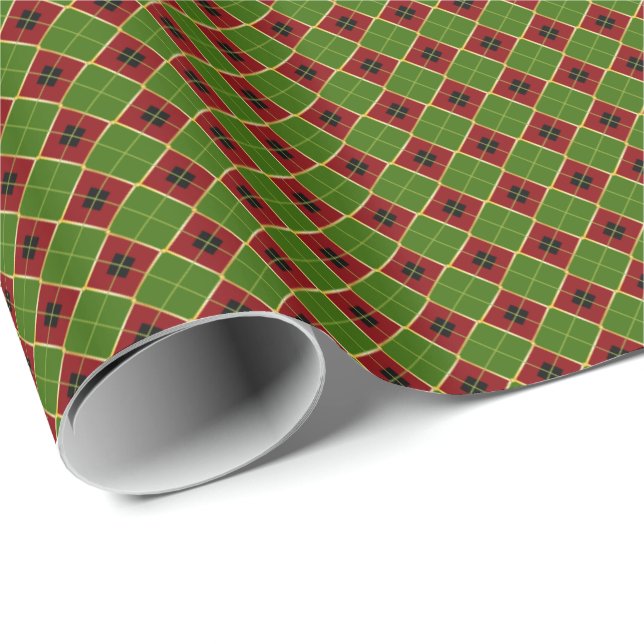 Papel De Presente Argyle Padrão Vermelho, Preto e Dourado Natal (Ponta do rolo)