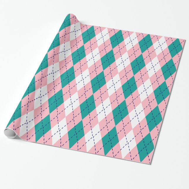 Papel De Presente Argyle XL Rosa Azul Marinho Branco (Desenrolado)