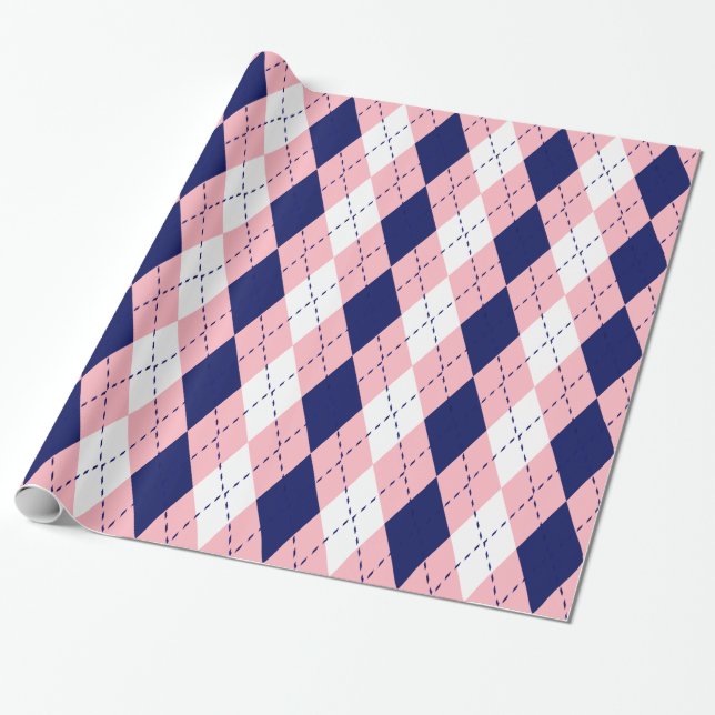 Papel De Presente Argyle XL Rosa Azul Marinho Branco (Desenrolado)