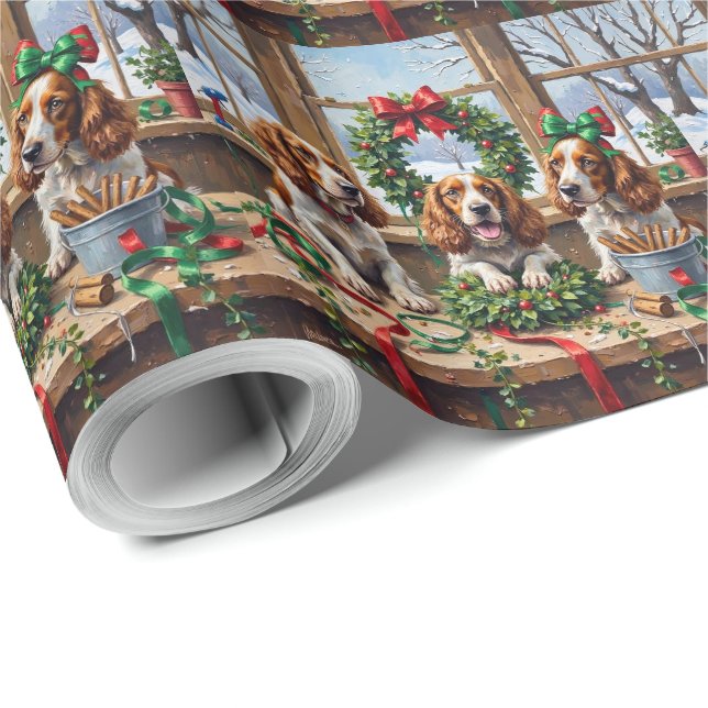 Papel De Presente Aro de Natal com Springer Spaniel Festa de Natal (Ponta do rolo)