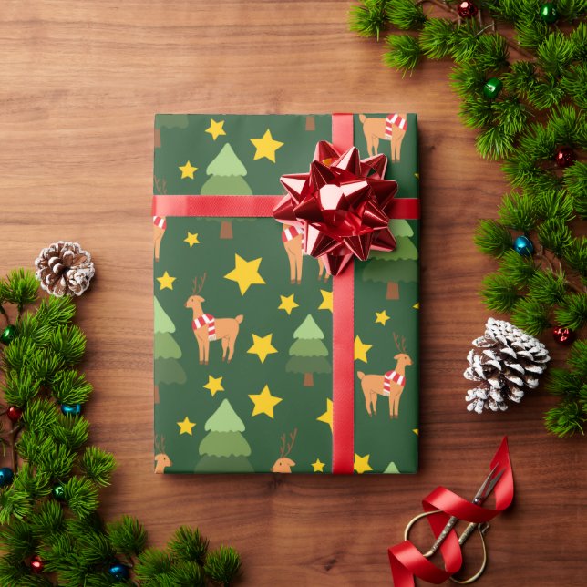 Papel De Presente Arrenas de inverno Árvore Spruce e Estrelas Amarel (Presente de Natal)