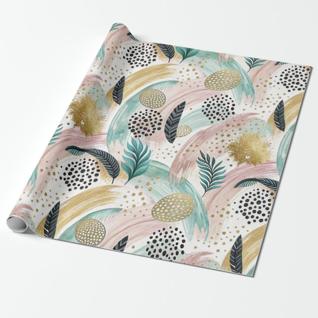 Papel De Presente Arrepio Botânico Artístico e Abstrato Dourado (Desenrolado)