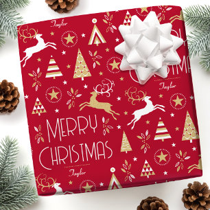 Papel De Presente Art Deco Christmas Reindee Nome Personalizado Deep
