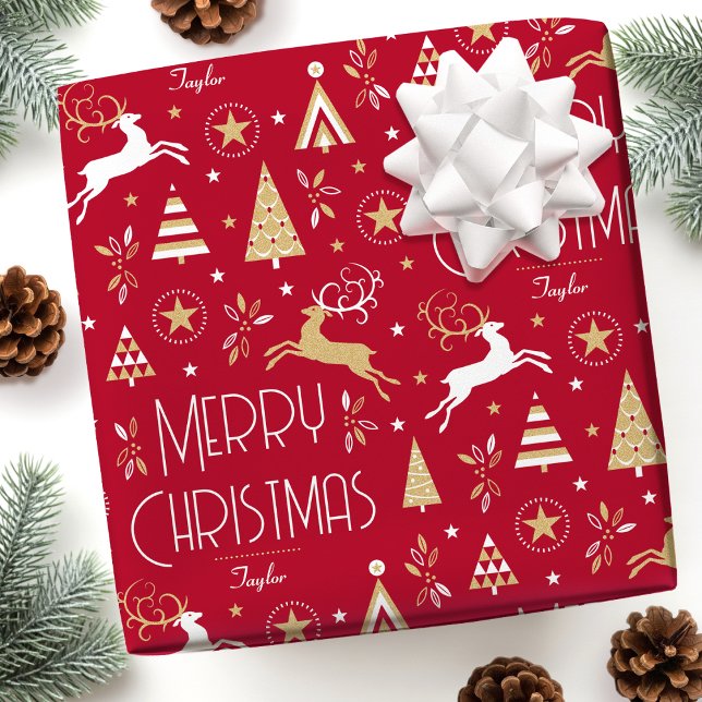 Papel De Presente Art Deco Christmas Reindee Nome Personalizado Deep (Criador carregado)