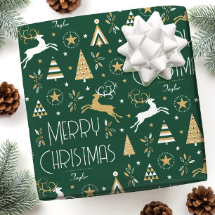 Papel De Presente Art Deco Christmas Reindet Nome Personalizado Verd