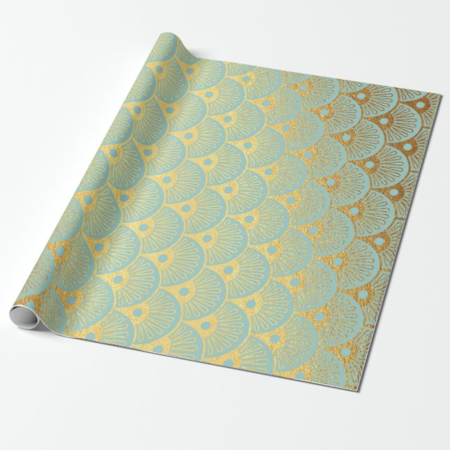 Papel De Presente Art Deco Conchas Geométricas Ouro Mint Green (Desenrolado)