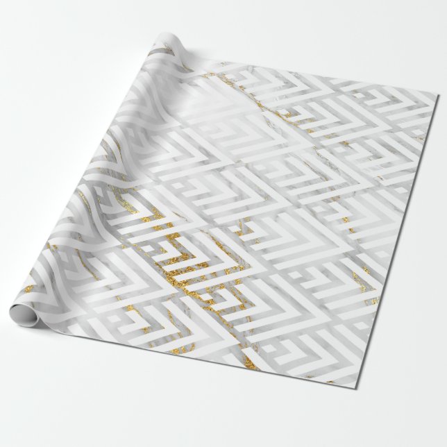 Papel De Presente Art Deco Diamond Triangs Cinza Dourada Marble Bran (Desenrolado)