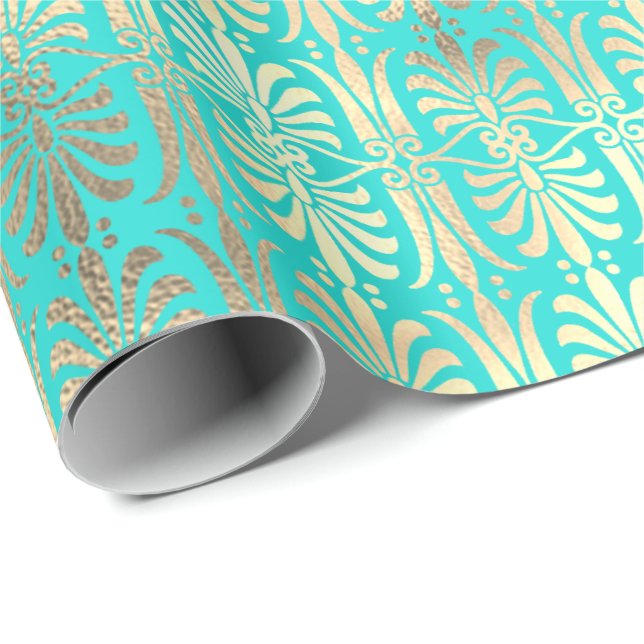 Papel De Presente Art Deco Dourado Champaigne Mint Oceano Verde (Ponta do rolo)