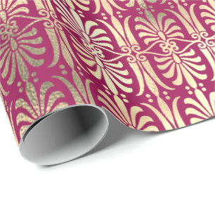 Papel De Presente Art Deco Dourado Champaigne Pink Peony Raspberry