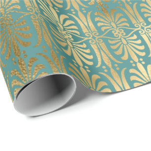 Papel De Presente Art Deco Dourado Sepia Teal Metálico Aquático