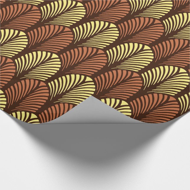 Papel De Presente Art Deco Feather Patterno, Castanho Escuro e Rusta (Ponta)