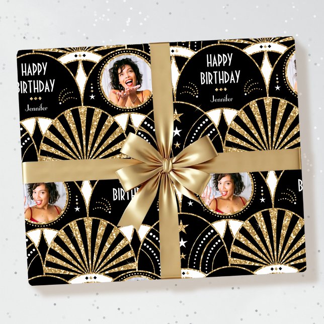 Papel De Presente Art Deco Happy Birthday Foto Elegante Dourada (Criador carregado)