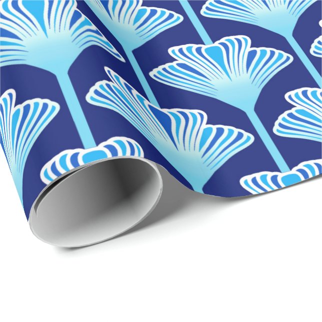 Papel De Presente Art Deco Lily, Cobalt Blue, Aqua e White (Ponta do rolo)