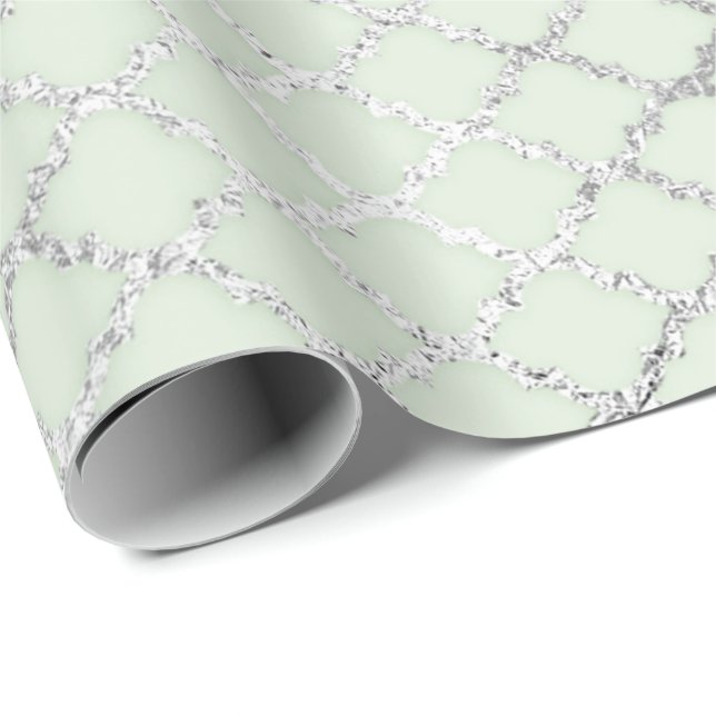 Papel De Presente Art Deco Mint Green Silver Quatrefoil Vip (Ponta do rolo)