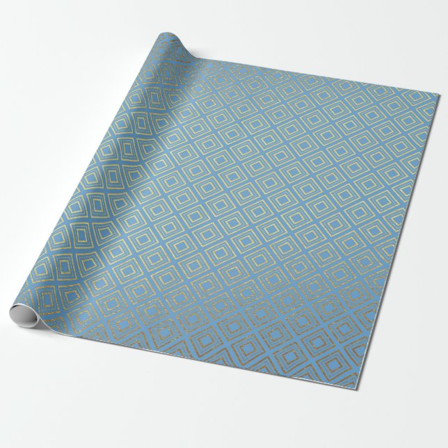 Papel De Presente Art Deco Ouro Quadrados Azul Vip Geométrico (Desenrolado)