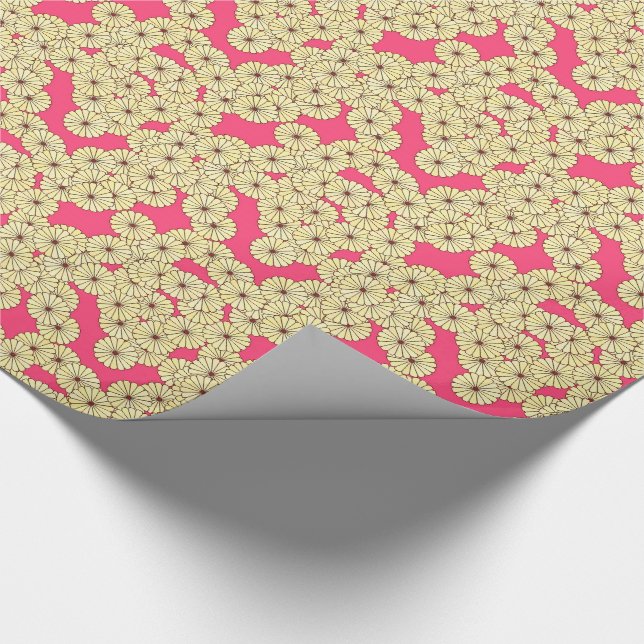 Papel De Presente Art Deco - padrão floral amarelo claro no coral (Ponta)