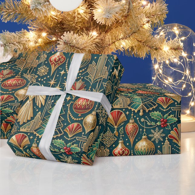 Papel De Presente Art Deco Teal Gold Christmas Ornament Illustration (Feriados)