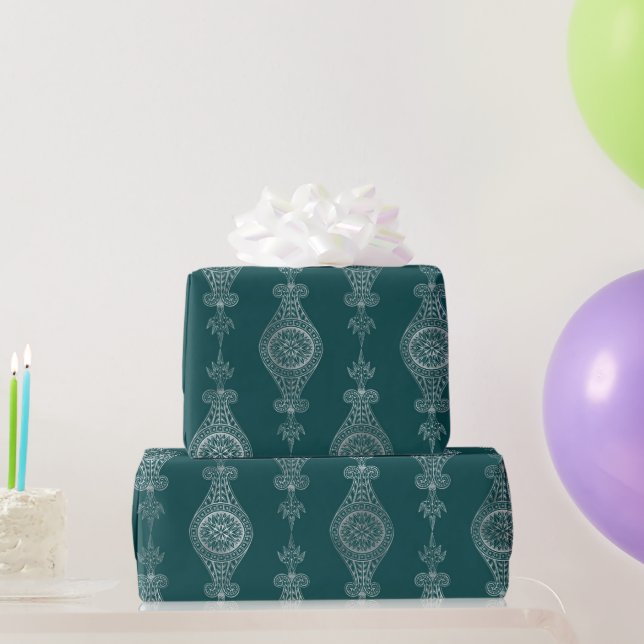 Papel De Presente Art Deco Teal Silver Floral (Presentes para festas)