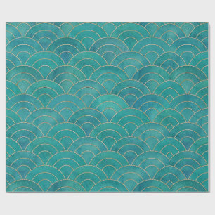 Papel De Presente Art Deco Tecido de Decodificação Teal e Dourada