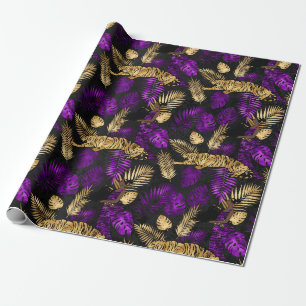 Papel De Presente Art Deco Tropical Roxo e Dourado Tigre