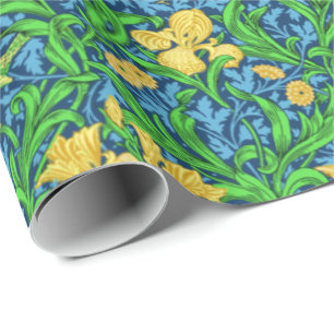 Papel De Presente Art Nouveau Iris Impressão, Amarelo e Cobalto Azu
