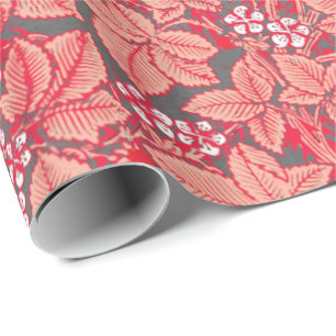 Papel De Presente Art Nouveau Morangos e Folhas, Coral Laranja