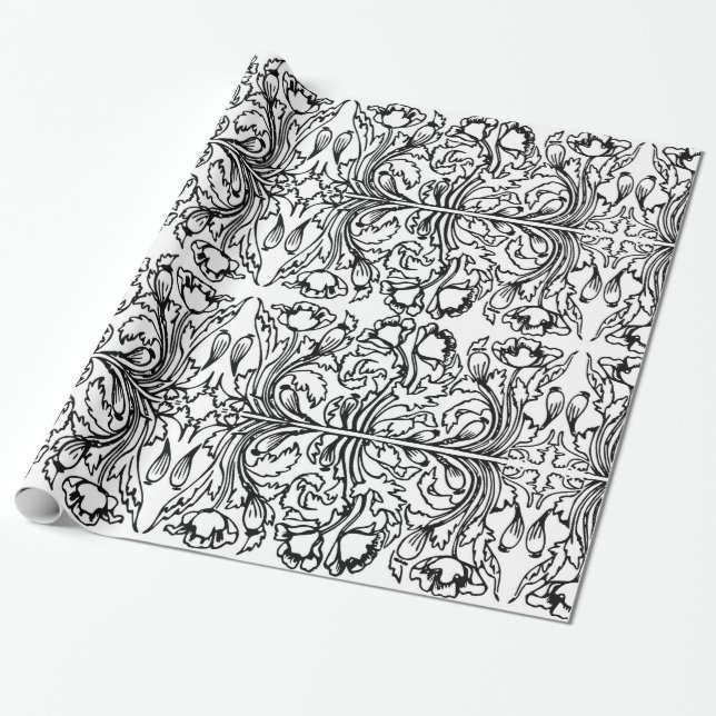 Papel De Presente Art nouveau papoila escura floral branca elegante (Desenrolado)