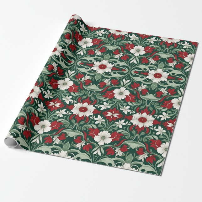 Papel De Presente Art Nouveau Red Green White Christmas (Desenrolado)