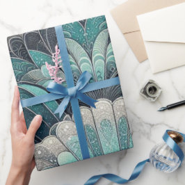 Papel De Presente Art Nouveau Ventiladores Azuis e Prateados