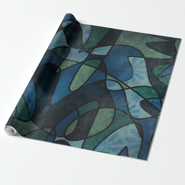 Papel De Presente Arte Abstrata em Vidro Pintado Digital Azul Verde  (Desenrolado)