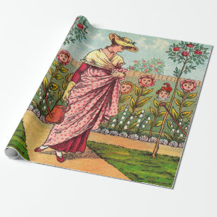 Papel De Presente Arte Antigo Jardim Crescer Flor Mulher