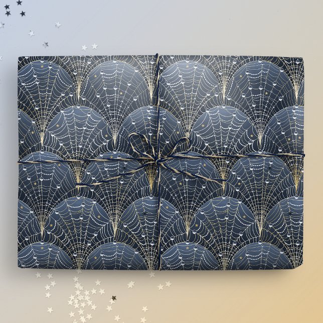 Papel De Presente Arte Azul e Dourada Deco Cobweb Luxury (Gift mockup)