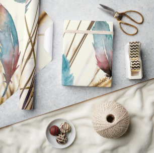 Papel De Presente Arte Botânica Caprichosa Rosa Teal Pena
