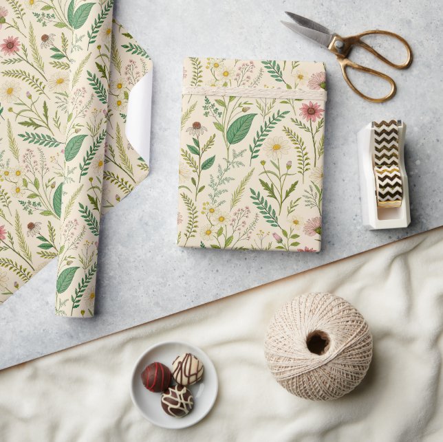 Papel De Presente Arte Botânica Desenhada à Mão de Prado de Flores S (Artesanato)