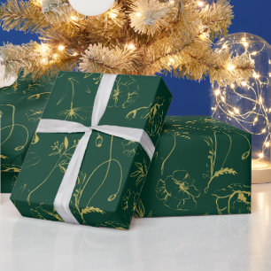 Papel De Presente Arte Botânica Elegante em Verde Esmeralda e Dourad