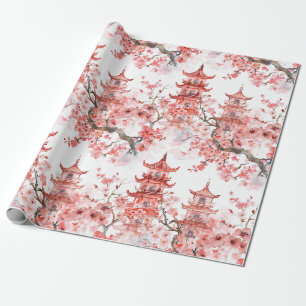 Papel De Presente Arte Cênica de Pagode Asiática Vintage com Flor de