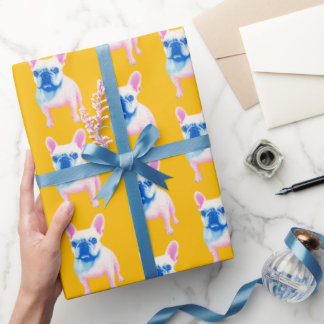 Papel De Presente Arte com Buldogue Francês Amarelo Azul e Rosa