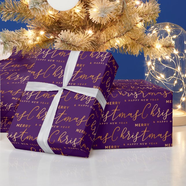 Papel De Presente Arte com Palavras Feliz Natal em Dourado e Roxo (Feriados)