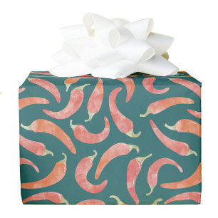 Papel De Presente Arte de Aquarela Pimenta Vermelha Verde Teal