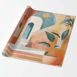 Papel De Presente Arte de Arcada Tropical em Ochre Teal de Meados do